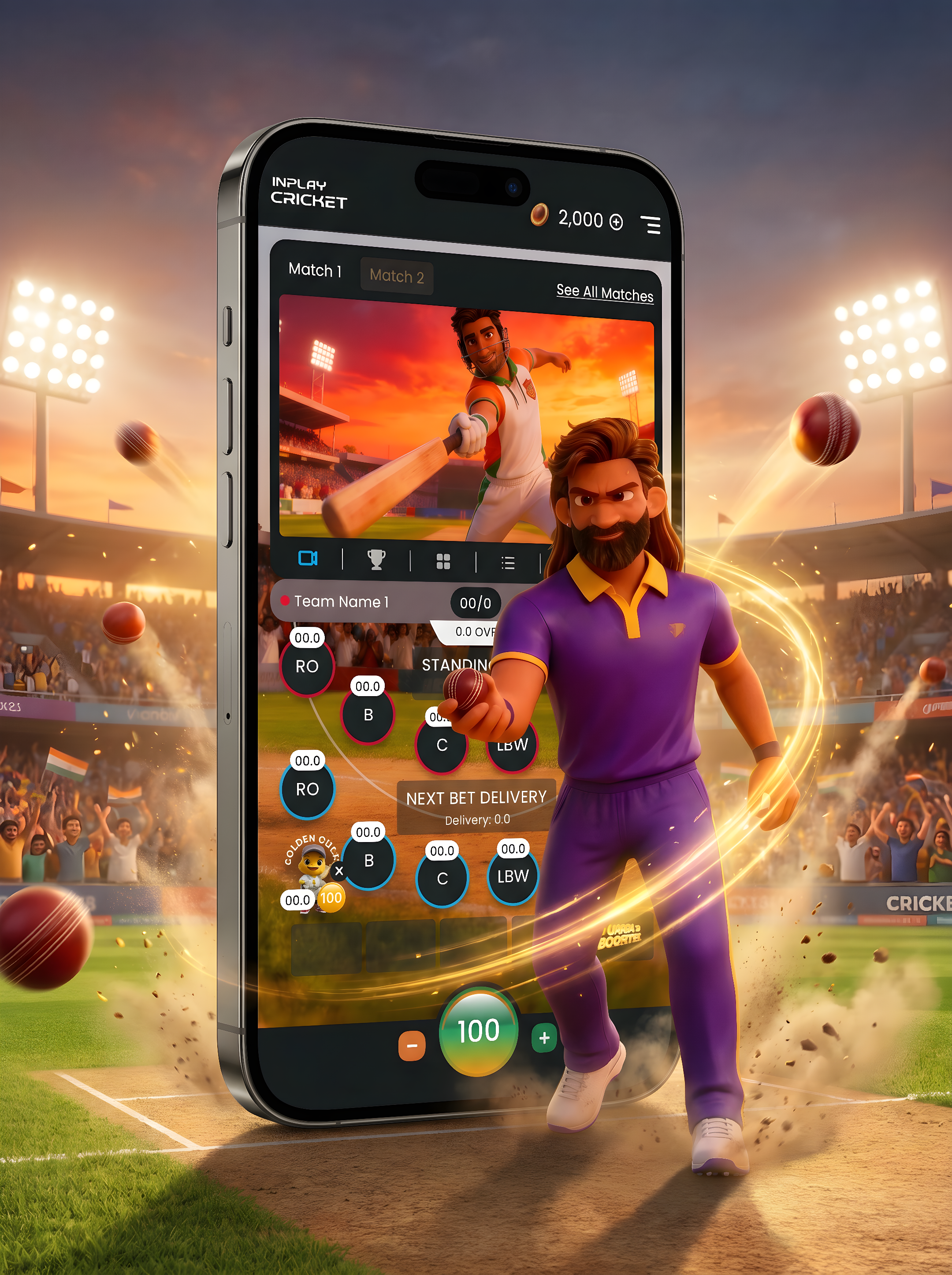 InPlayCricket app — live ball-by-ball prediction screen